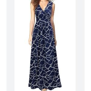 Woosea Maxi Dress Surplice Neckline Geometric Print Sleeveless Blue Stretch S‎